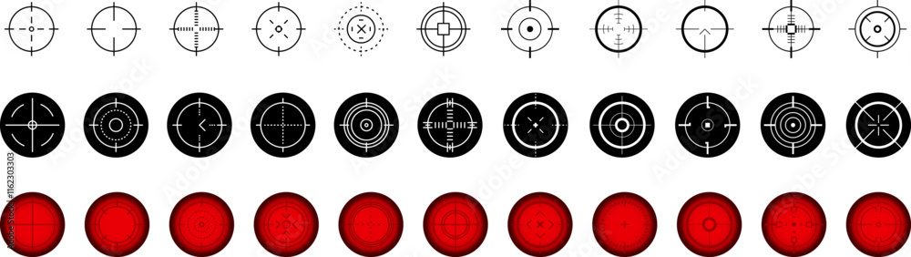 Obraz premium Weapon sight, sniper rifle optical scope. Hunting gun viewfinder with crosshair. Crosshair gun sight icons set. Bullseye, target or aim symbol. Shooting mark. Military target sign. Game UI. Vector.