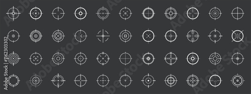 Weapon sight, sniper rifle optical scope. Hunting gun viewfinder with crosshair. Crosshair gun sight icons set. Bullseye, target or aim symbol. Shooting mark. Military target sign. Game UI. Vector.