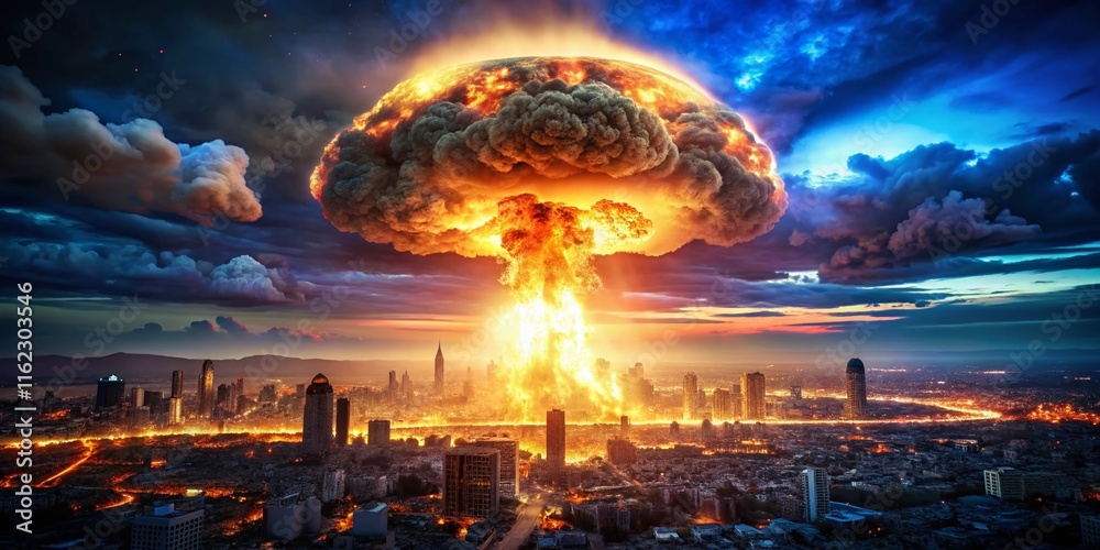 Fototapeta premium Atomic Bomb Explosion Night City Mushroom Cloud - High Definition