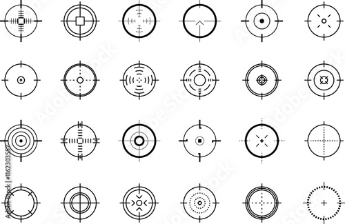 Weapon sight, sniper rifle optical scope. Hunting gun viewfinder with crosshair. Crosshair gun sight icons set. Bullseye, target or aim symbol. Shooting mark. Military target sign. Game UI. Vector.