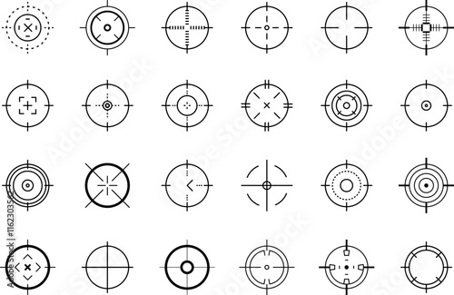 Crosshair gun sight vector icons set. Bullseye, target or aim symbol. Futuristic aim pointer. Military rifle scope, shooting mark sign. Targeting, aiming. Archery, hunting vector. Game UI element.