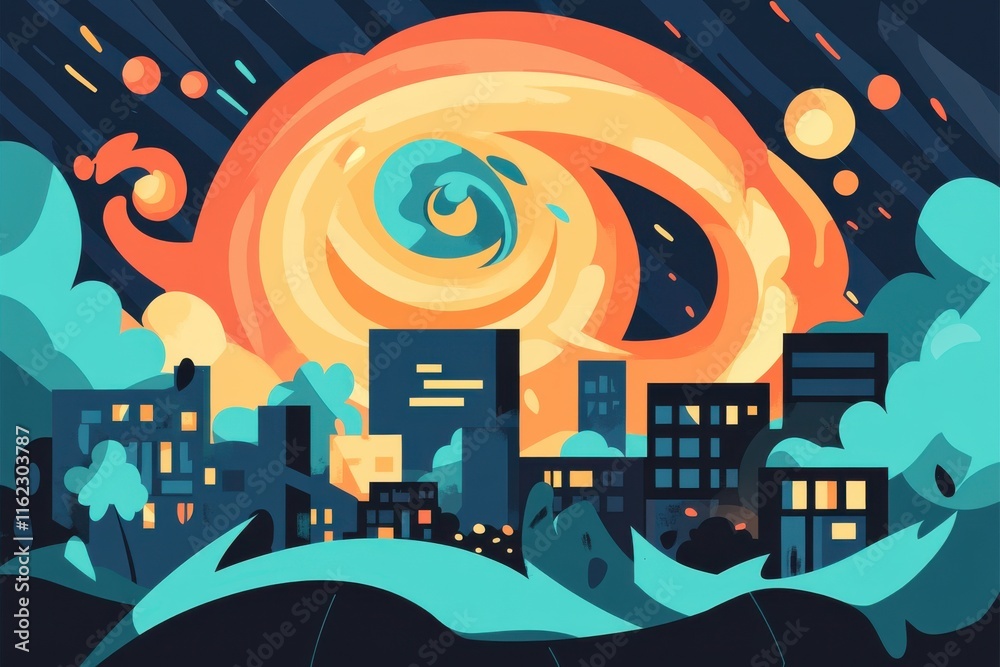 Obraz premium A vibrant illustration of a swirling galaxy over a city skyline at dusk, evoking a sense of wonder.
