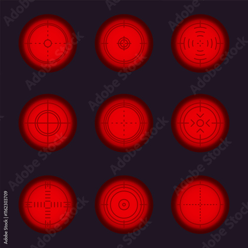 Weapon sight, sniper rifle optical scope. Hunting gun viewfinder with crosshair. Crosshair gun sight icons set. Bullseye, target or aim symbol. Shooting mark. Military target sign. Game UI. Vector.