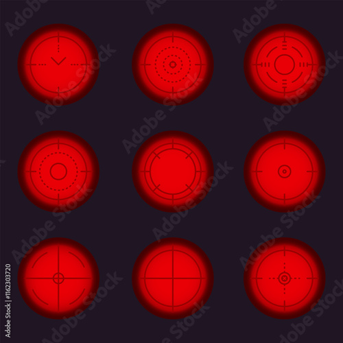 Weapon sight, sniper rifle optical scope. Hunting gun viewfinder with crosshair. Crosshair gun sight icons set. Bullseye, target or aim symbol. Shooting mark. Military target sign. Game UI. Vector.