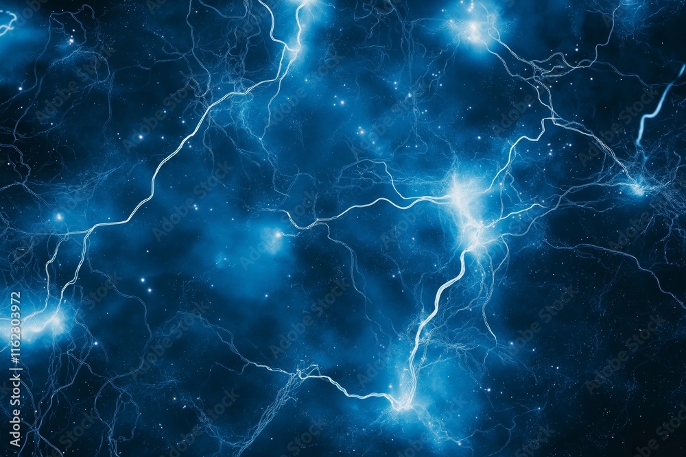 Fototapeta premium Abstract composition of glowing electric currents forming a web-like pattern against a deep blue background.