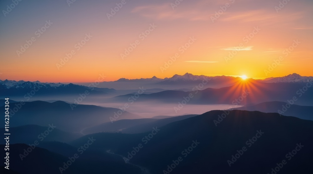 A Breathtaking Sunset Over Majestic Mountains and Serene Valleys Captured in Vibrant Colors A Breathtaking Sunset Over Majestic Mountains and Serene Valleys Captured in Vibrant Colors