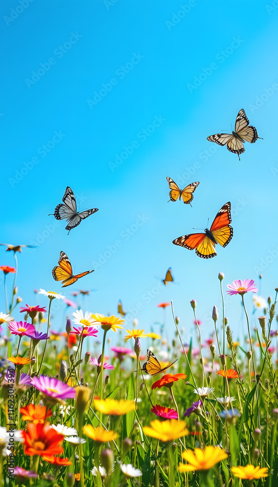 meadow with colorful blossom flowers and butterflies against blue bright sky, spring theme background, dramatic atmosphere, with white tones