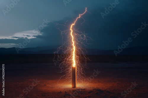 High-voltage lightning strike hitting a metallic rod in a deserted field at dusk, with glowing energy scattering.