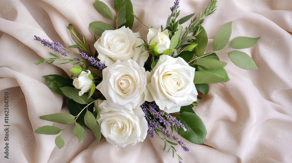 White roses lavender and green foliage on taupe cloth with natural light