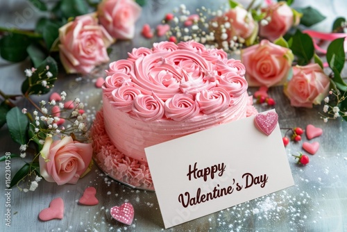 beautiful pink frosted cake surrounded by a bouquet of pink roses, Happy Valentine's Day text on a greeting card. MZ