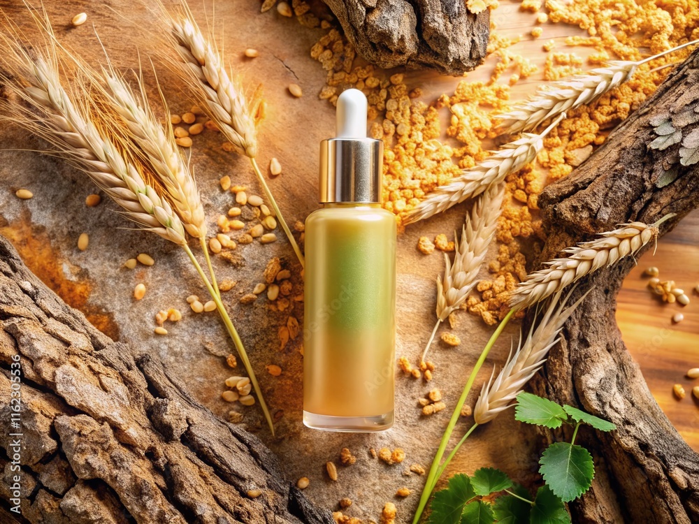 Fototapeta premium Beige Background Cosmetics Bottle with Nature Elements