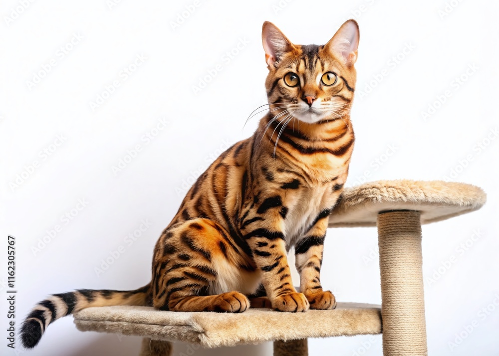 Obraz premium Bengal Cat on Cat Tower - White Background