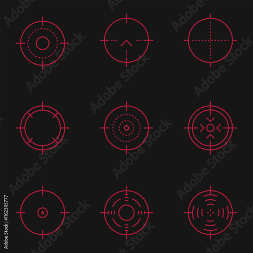 Weapon sight, sniper rifle optical scope. Hunting gun viewfinder with crosshair. Crosshair gun sight icons set. Bullseye, target or aim symbol. Shooting mark. Military target sign. Game UI. Vector.