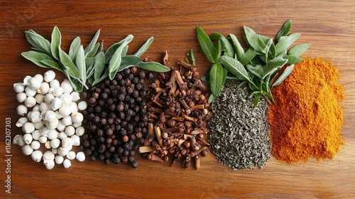 Fresh herbs and spices arranged on a wooden surface
