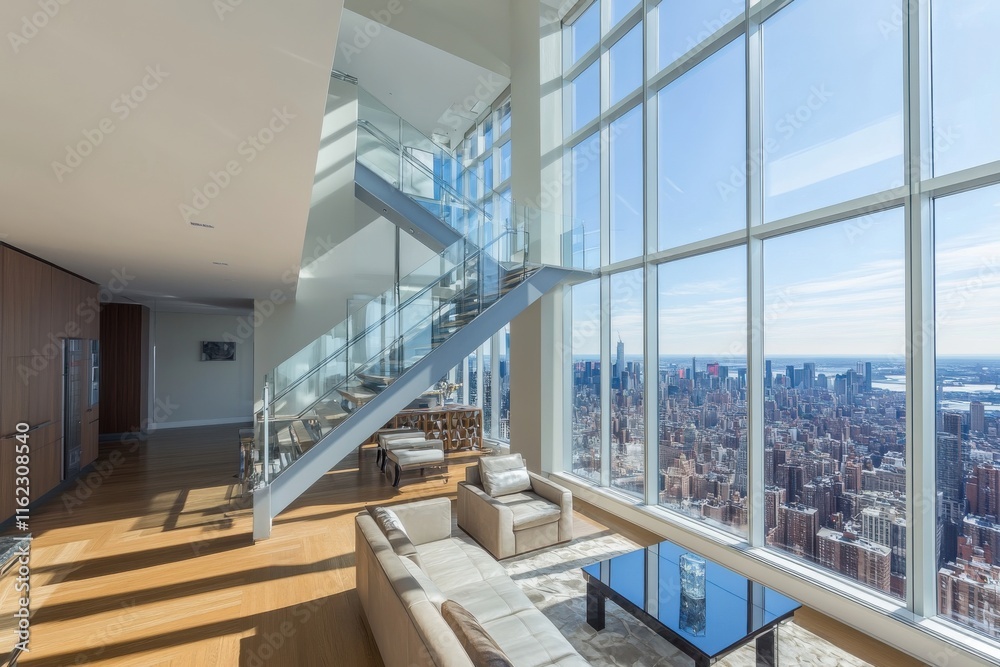 Obraz premium Spacious modern living room with stunning city views, bright sunlight, and elegant decor.