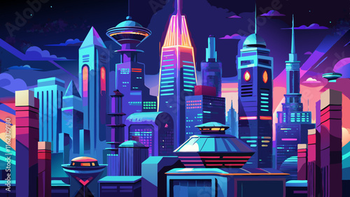 Illustrate a futuristic cityscape with glowing neon buildings and flying vehicles