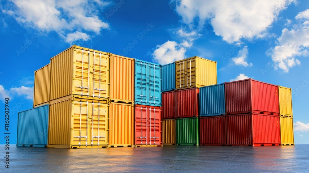 Fototapeta premium Colorful shipping containers stacked against a blue sky with clouds.