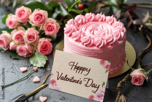 beautiful pink frosted cake surrounded by a bouquet of pink roses, Happy Valentine's Day text on a greeting card. MZ