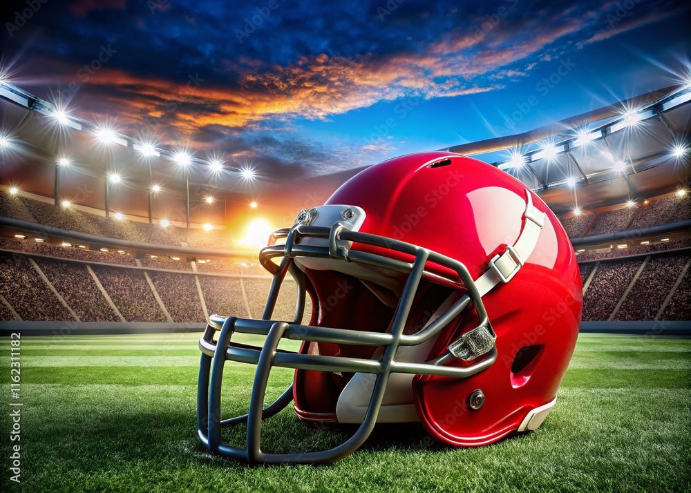 Fototapeta premium Close-Up Red Football Helmet Stadium Background, High-Quality Photo