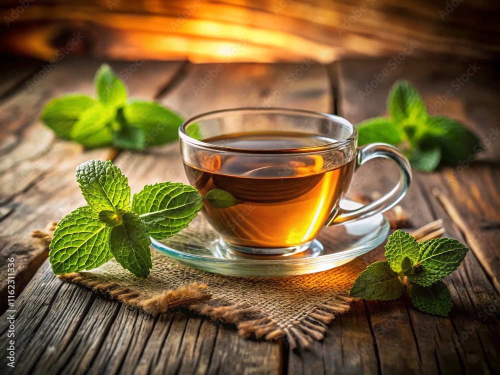 Close-up Tea with Mint on Wooden Table - High-Quality Image Close-up Tea with Mint on Wooden Table - High-Quality Image