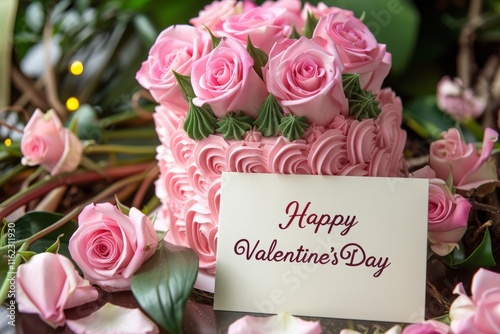 beautiful pink frosted cake surrounded by a bouquet of pink roses, Happy Valentine's Day text on a greeting card. MZ photo