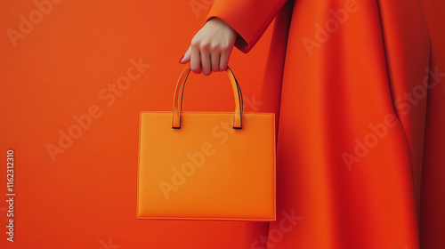 female hand holding orange  handbag   , luxury lady's bag , Fashion Ladies Accessories , Leather Satchel , orange background