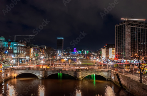 Photography Dublin city centre at night during the Christmas holidays, featuring bustling ac