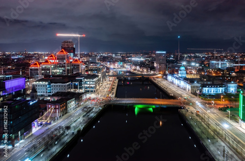 Aerial shot of Dublin city centre, showcasing its vibrant colours