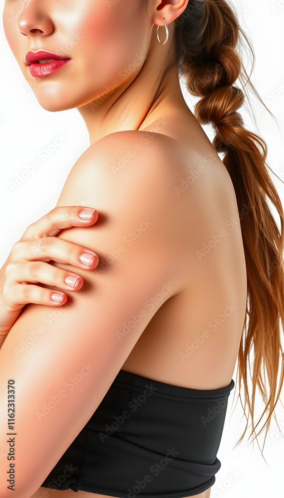 young beautiful sport influencer women showing armpit with smooth clean skin on solid background, watercolor, with white tones young beautiful sport influencer women showing armpit with smooth clean skin on solid background, watercolor, with white tones