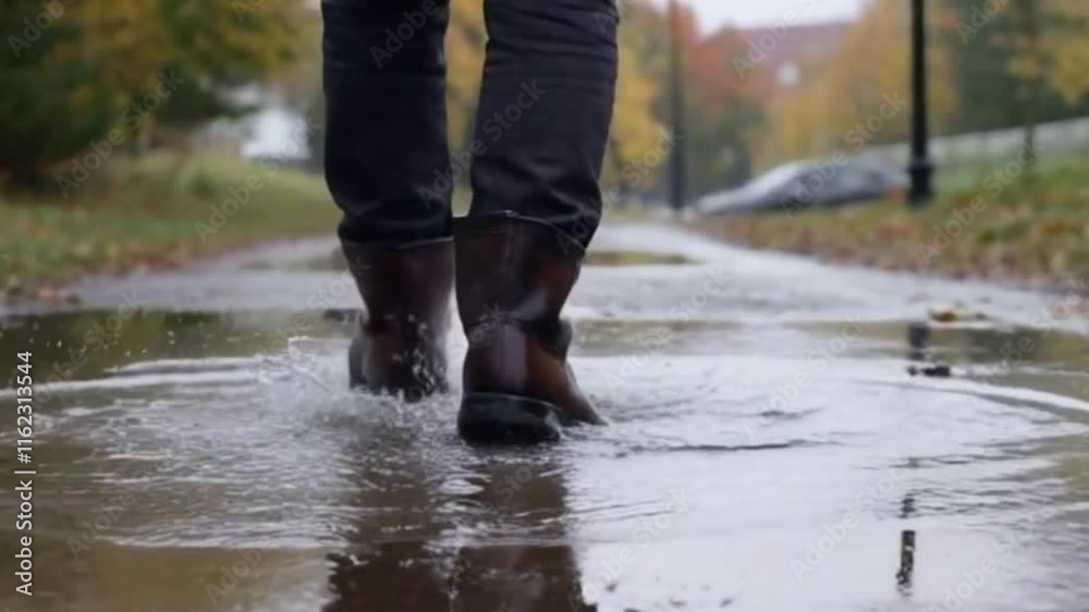 Close-up of person walking in rain boots, splashing through puddle in the street.