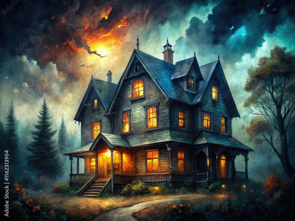 Mysterious gothic architecture, bathed in artistic watercolor and dramatic lighting, a spooky fantasy house illustration. Mysterious gothic architecture, bathed in artistic watercolor and dramatic lighting, a spooky fantasy house illustration.