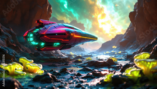 Fototapeta Naklejka Na Ścianę i Meble -  4k HD Wallpapers of The image features a futuristic spaceship flying over a rocky terrain with mushrooms and plants. Video game wallpaper