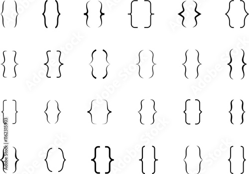 Curly braces, double symmetric brackets. Vector Typography symbols pair, frames for punctuation, maths, elements sign