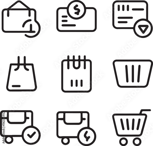 Set of online shopping related line icons. Commerce, payment, buy, shop, delivery, cart etc. Editable stroke. 