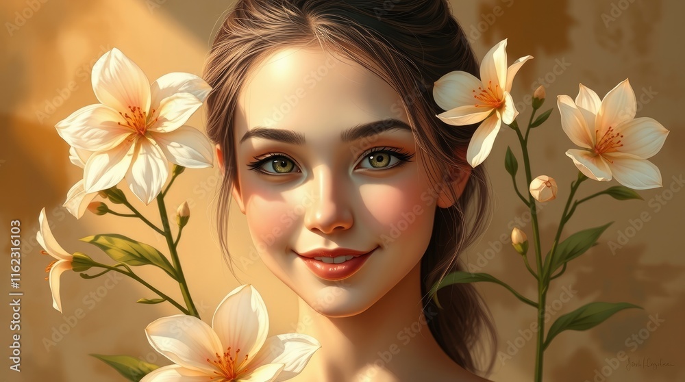 A digitally painted portrait, warm golden hues, a young woman with delicate features, fair skin, charming smile, posing with blooming flowers in soft light, abstract patterns in the background, adorab A digitally painted portrait, warm golden hues, a young woman with delicate features, fair skin, charming smile, posing with blooming flowers in soft light, abstract patterns in the background, adorab