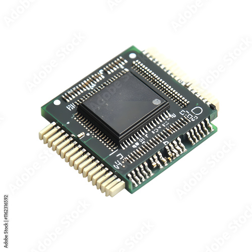 High-definition 3D render of a modern microcontroller with gold-plated connections