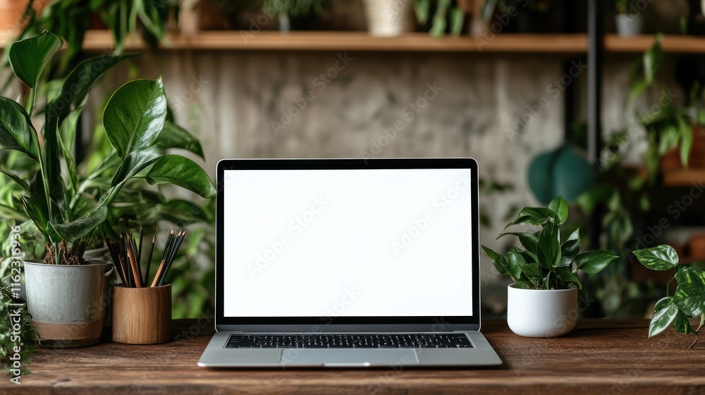 Laptop on Wooden Desk with Lush Greenery