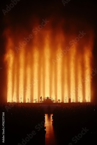 Fiery Stage Performance: Silhouette Artists Amidst Golden Light Columns photo