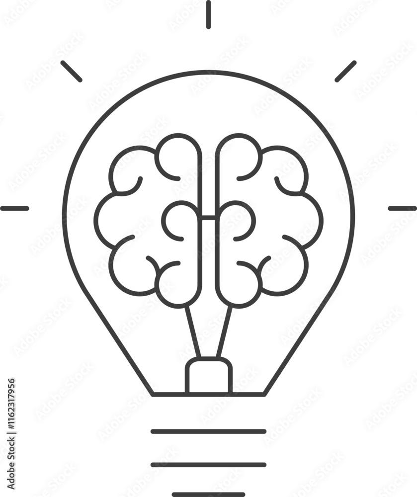 Fototapeta premium Creative idea flat line icon. Idea sign, solution, thinking concept. Lighting Electric lamp, electricity. Brain in lightbulb vector illustration. Thin sign of innovation, solution, education logo.