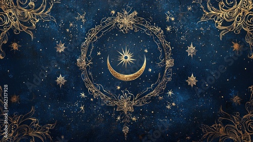 Celestial Gold Ornate Moon Sun Star Design photo