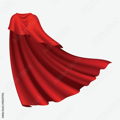 Superhero red cape in back view. Scarlet fabric silk cloak. Mantle costume or cover cartoon vector illustration