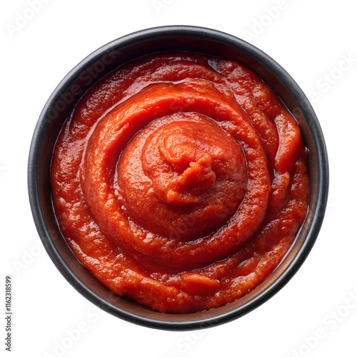 Black bowl with tomato paste, Top view isolated on transparent background
