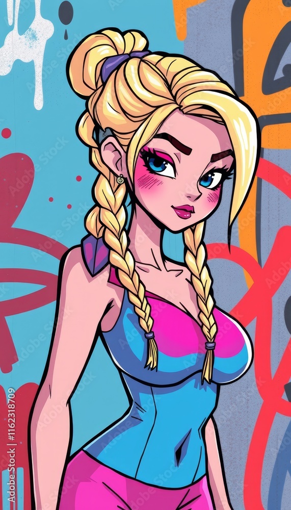 Vibrant character with playful style in urban setting amidst colorful graffiti Vibrant character with playful style in urban setting amidst colorful graffiti