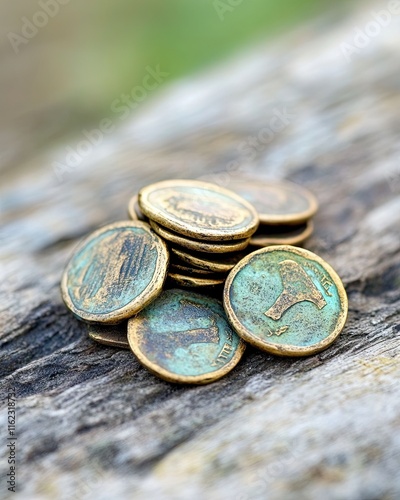 Coins Minted From a Unique Alloy Resting on a Wooden Surface photo