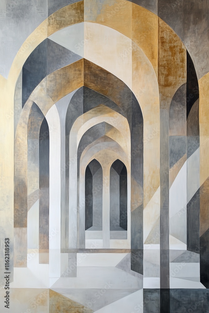 Fototapeta premium Elegant Mughal Architectural Wall Art with Abstract Geometry in Luxurious Gold and Ivory Tones
