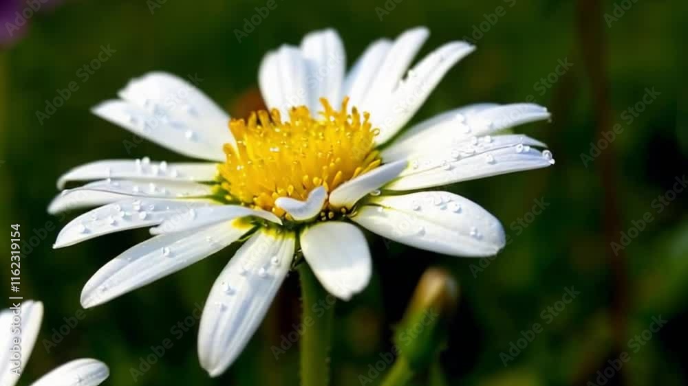 Dew drops on a white daisy flower with yellow center. Dew drops on a white daisy flower with yellow center.