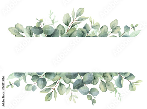 Watercolor vector banner with green eucalyptus leaves and branches. Greenery clipart for wedding invitation, greeting cards, save the date, stationery design. Hand drawn illustration.