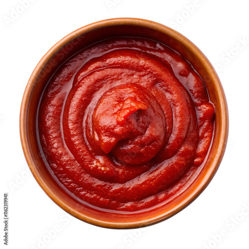 Red bowl with tomato paste, top view isolated on transparent background