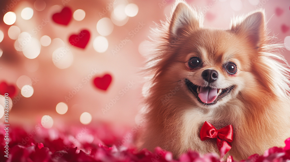Obraz premium Valentines day mood - love vibes - happy funny cute pomeranian dog puppy with red ribbon bow ion red roses and bokeh background.. Horizontal banner.