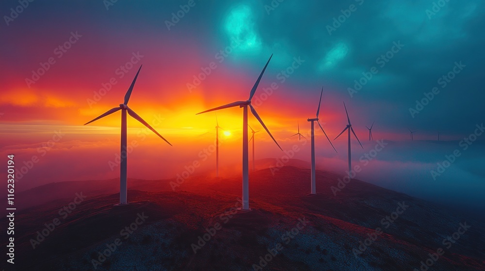 A stunning sunset over wind turbines, highlighting renewable energy and nature's beauty. A stunning sunset over wind turbines, highlighting renewable energy and nature's beauty.